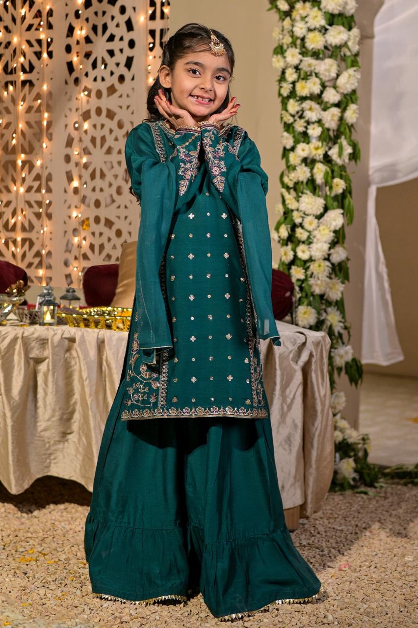 Kids 3 Piece Embroidered Viscose Gharara Suit – Zinc