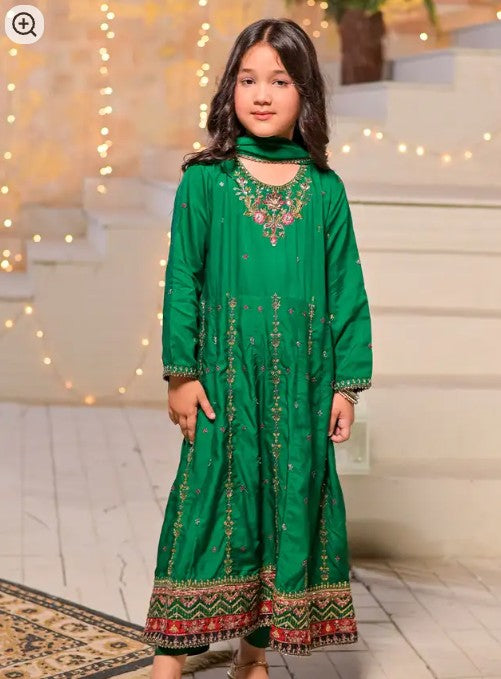 Kids 3 Piece Luxury Raw Silk Long Frock – Indian Green