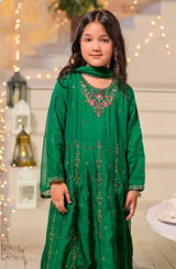 Kids 3 Piece Luxury Raw Silk Long Frock – Indian Green