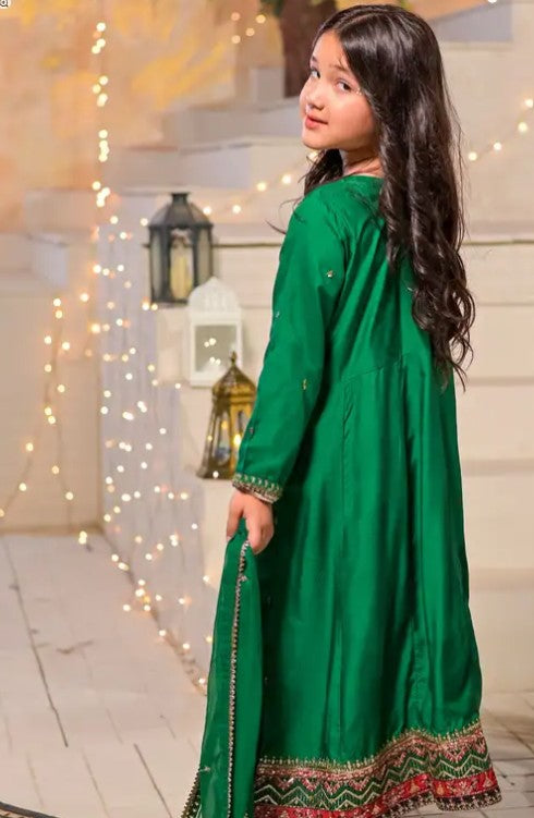 Kids 3 Piece Luxury Raw Silk Long Frock – Indian Green