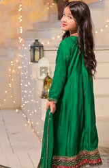 Kids 3 Piece Luxury Raw Silk Long Frock – Indian Green