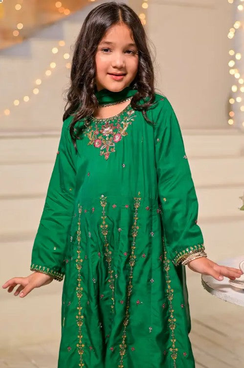 Kids 3 Piece Luxury Raw Silk Long Frock – Indian Green
