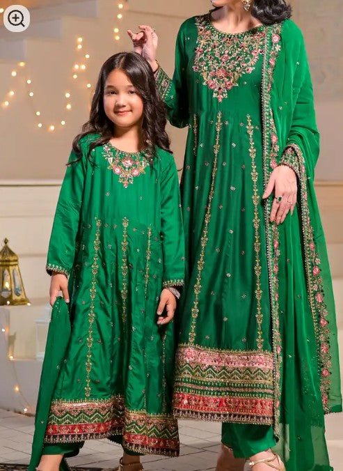 Kids 3 Piece Luxury Raw Silk Long Frock – Indian Green