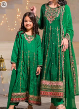 Kids 3 Piece Luxury Raw Silk Long Frock – Indian Green