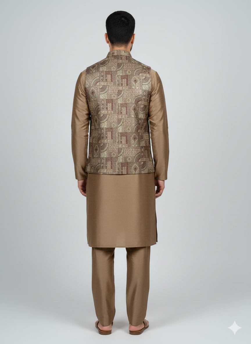 3 pc Katan silk fancy Kurta Trouser with waistcoat