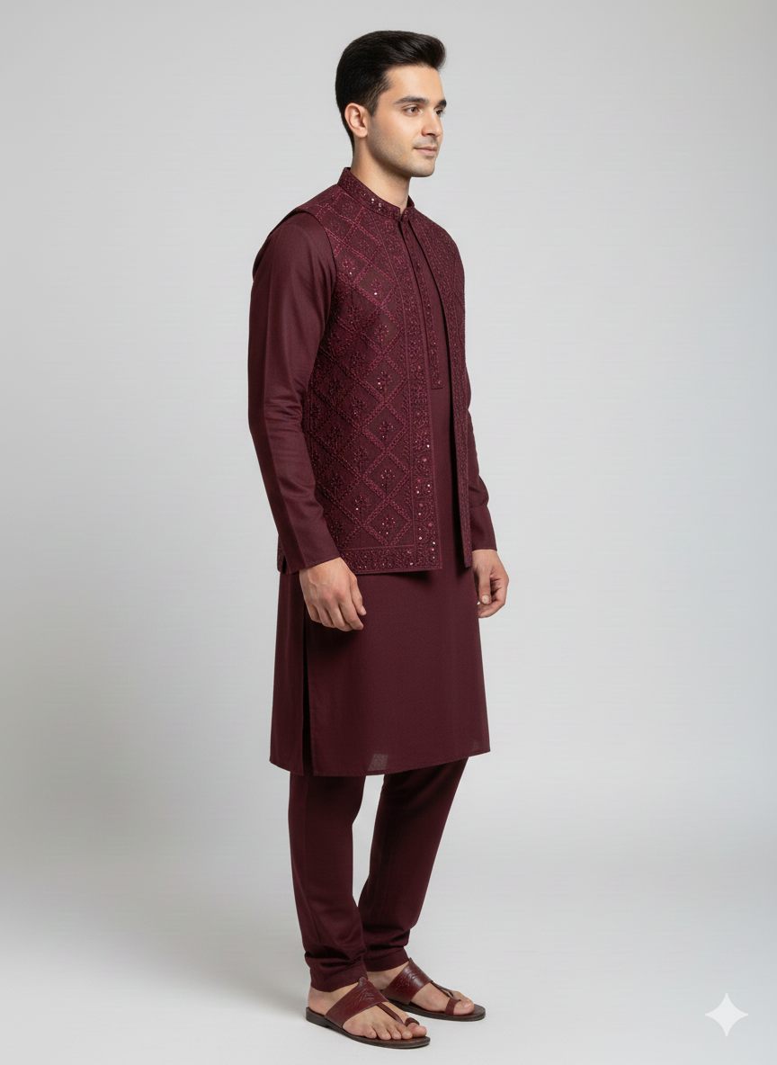3 pc wash and wear Kurta Trouser with waistcoat