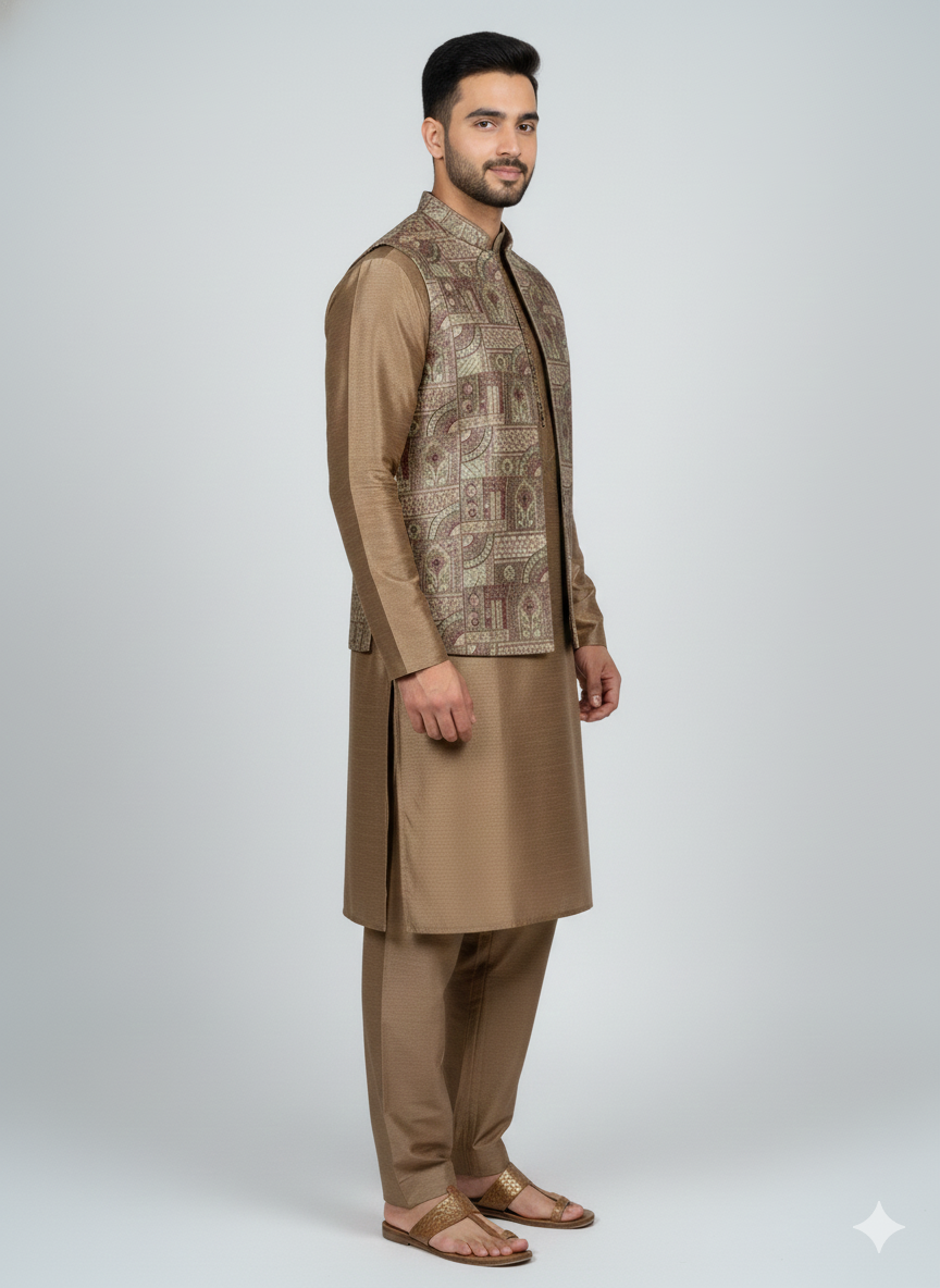 3 pc Katan silk fancy Kurta Trouser with waistcoat