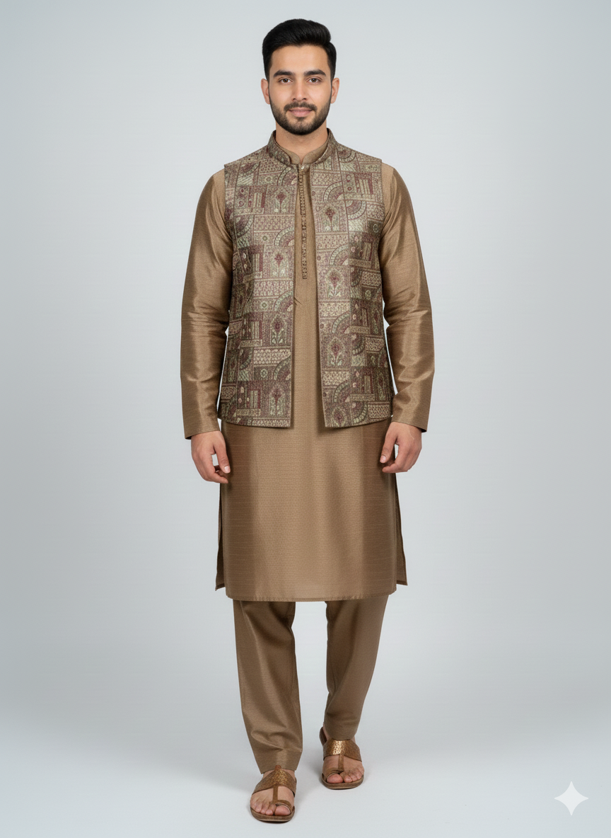 3 pc Katan silk fancy Kurta Trouser with waistcoat