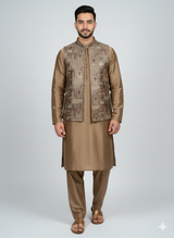 3 pc Katan silk fancy Kurta Trouser with waistcoat