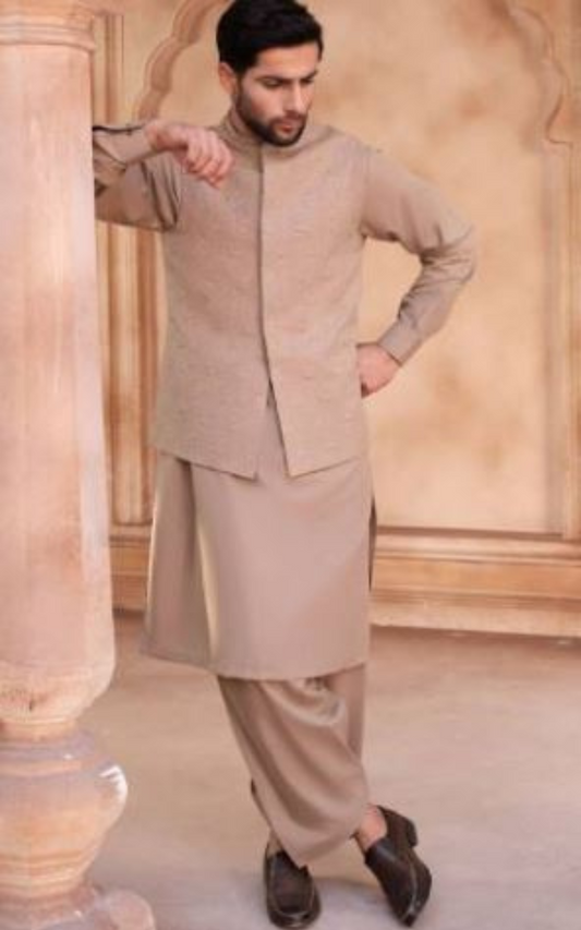 Fine wash and wear dress with Embroidered waistcoat