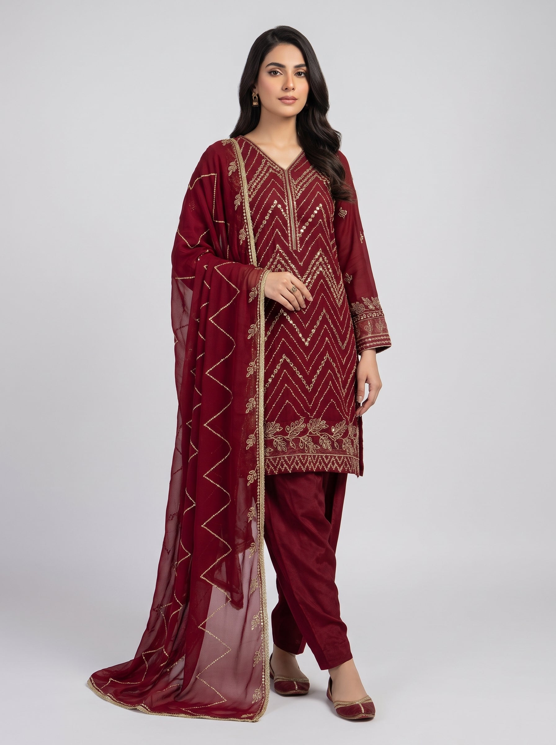 Embroidered Chiffon Suit Maroon