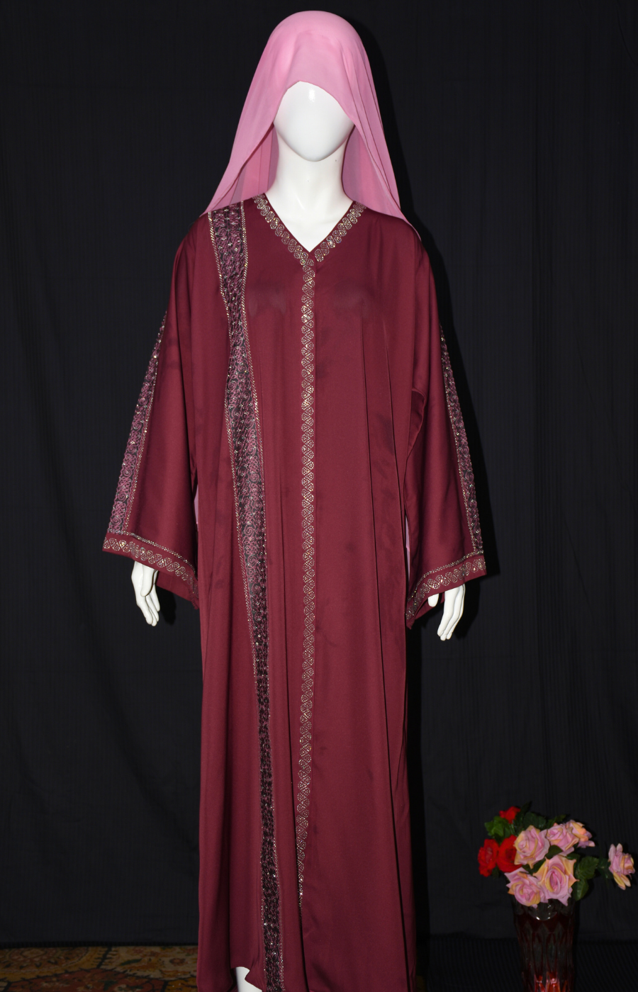Front open Nida Fabric Abaya with stone work on front and on sleeves