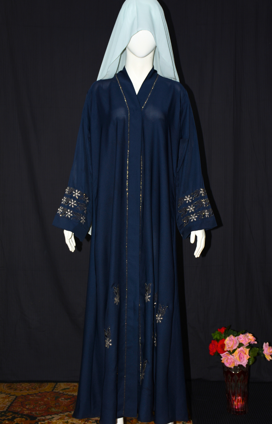 Front open Nida Fabric Abaya with stone work on front and on sleeves