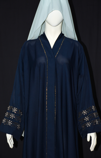 Front open Nida Fabric Abaya with stone work on front and on sleeves
