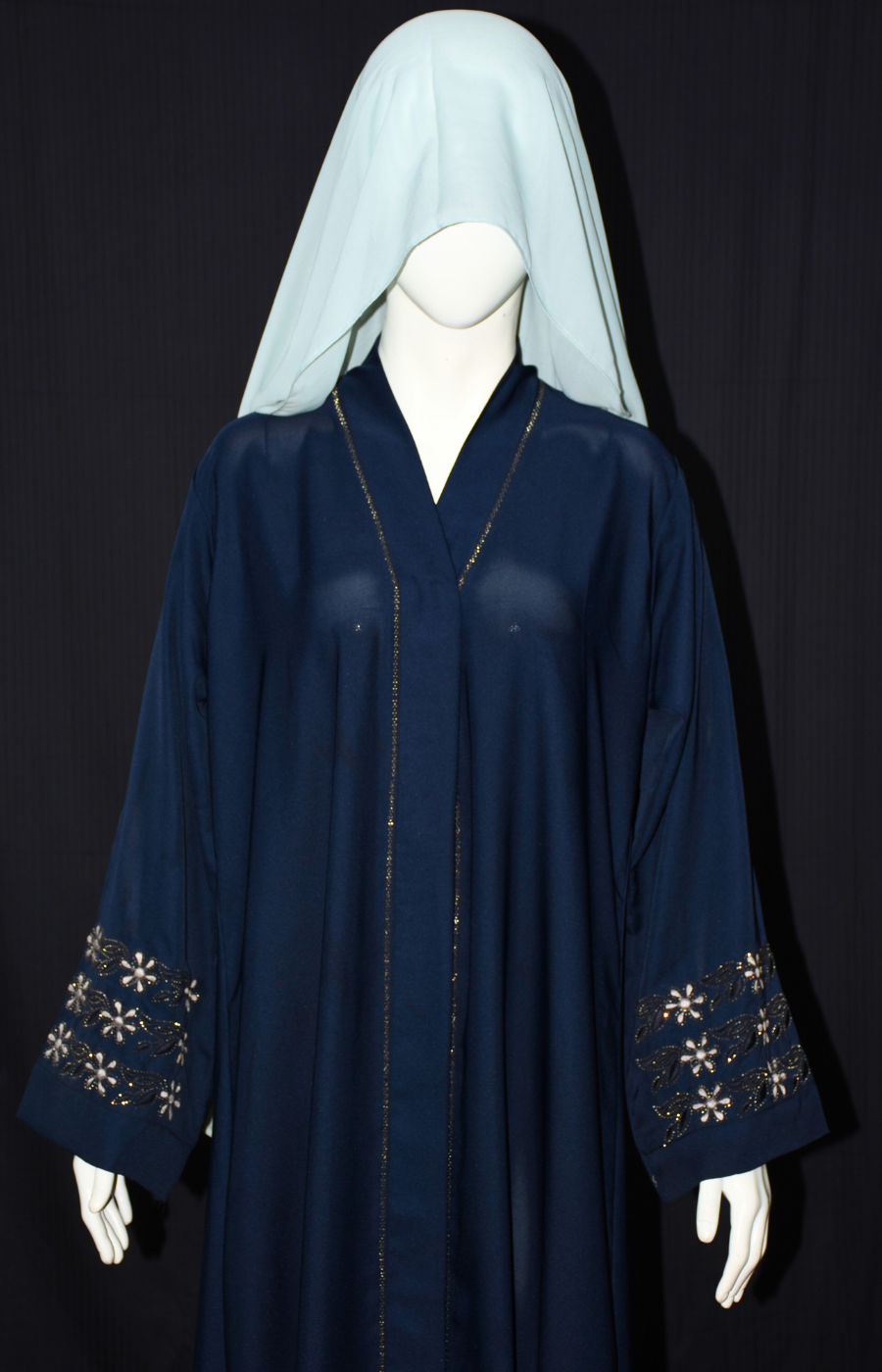 Front open Nida Fabric Abaya with stone work on front and on sleeves