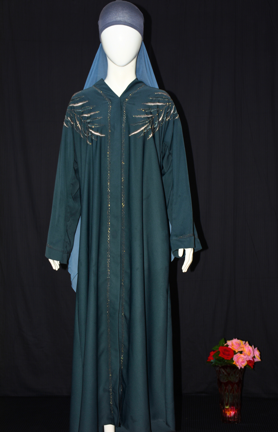 Front open Abaya with stone work & Stitched Hijab cap with Scarf.