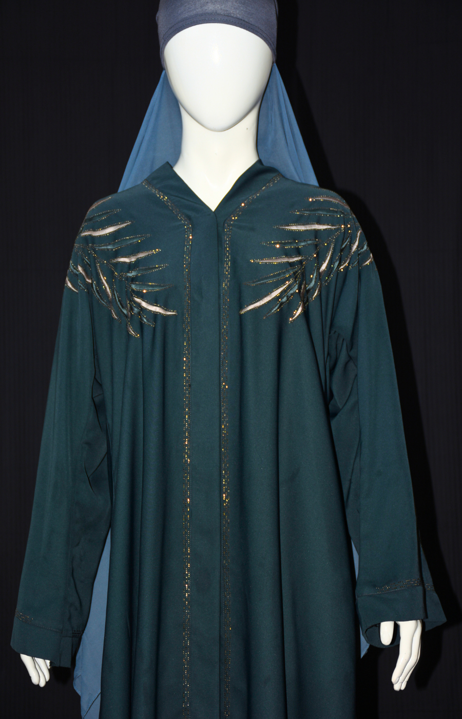 Front open Abaya with stone work & Stitched Hijab cap with Scarf.