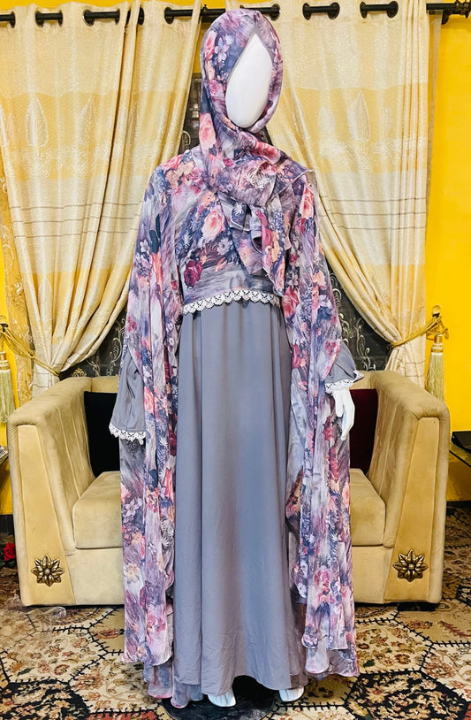 Printed georgette Abaya with Gown Scarf and Veil