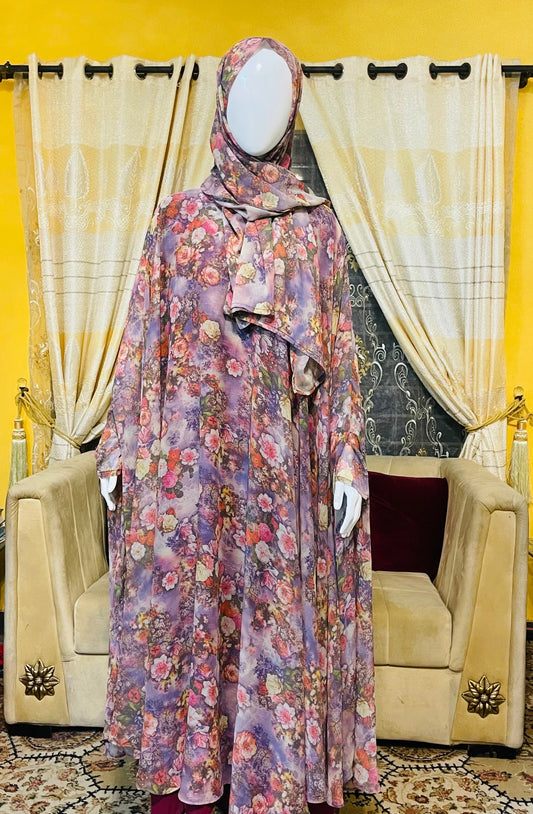 Printed Umbrella georgette Abaya with Scarf and Veil