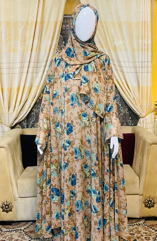 Printed georgette umbrella Abaya with Gown scarf and veil