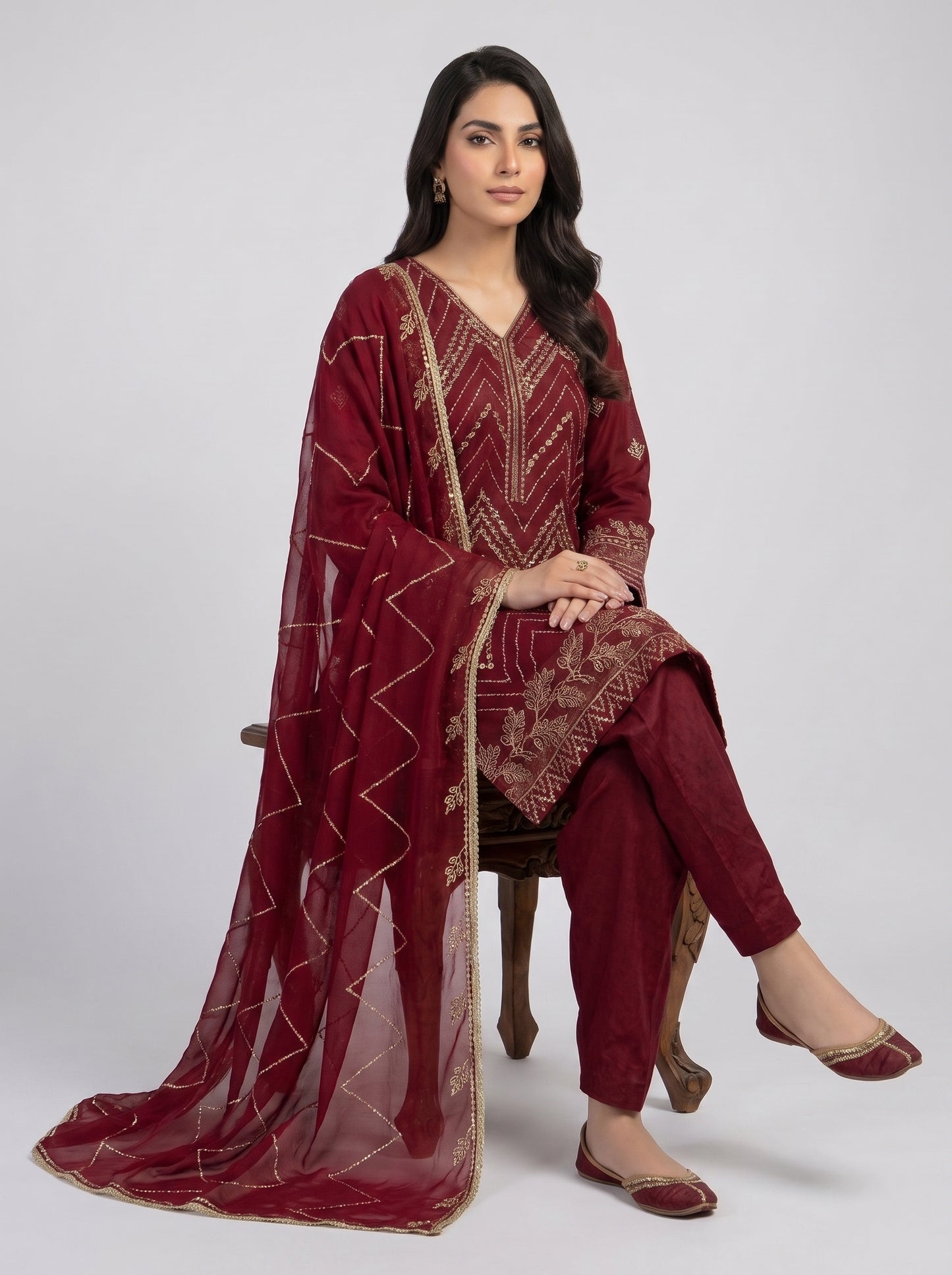 Embroidered Chiffon Suit Maroon