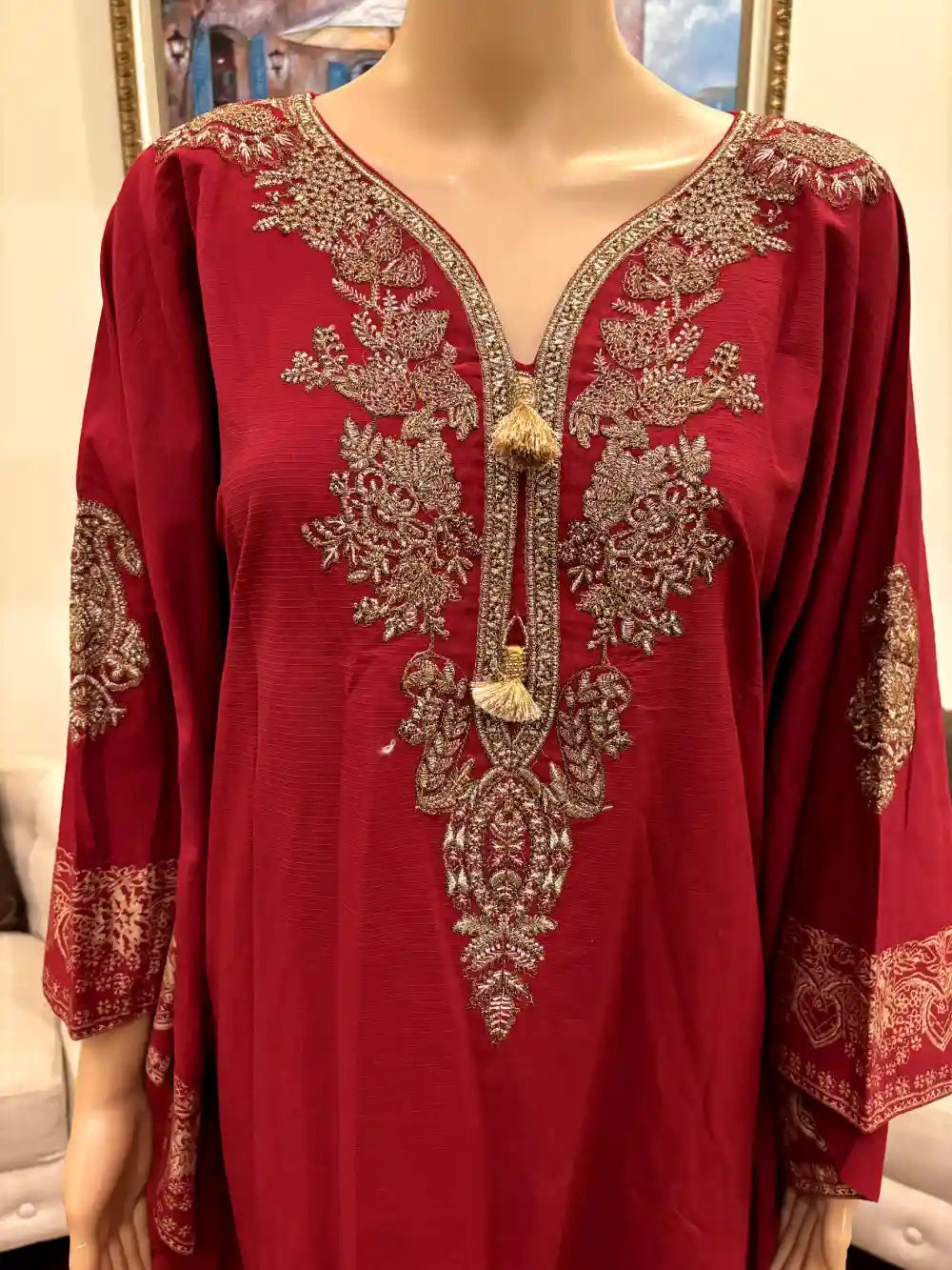 Elegant styled jacquard kaftan with pearl work