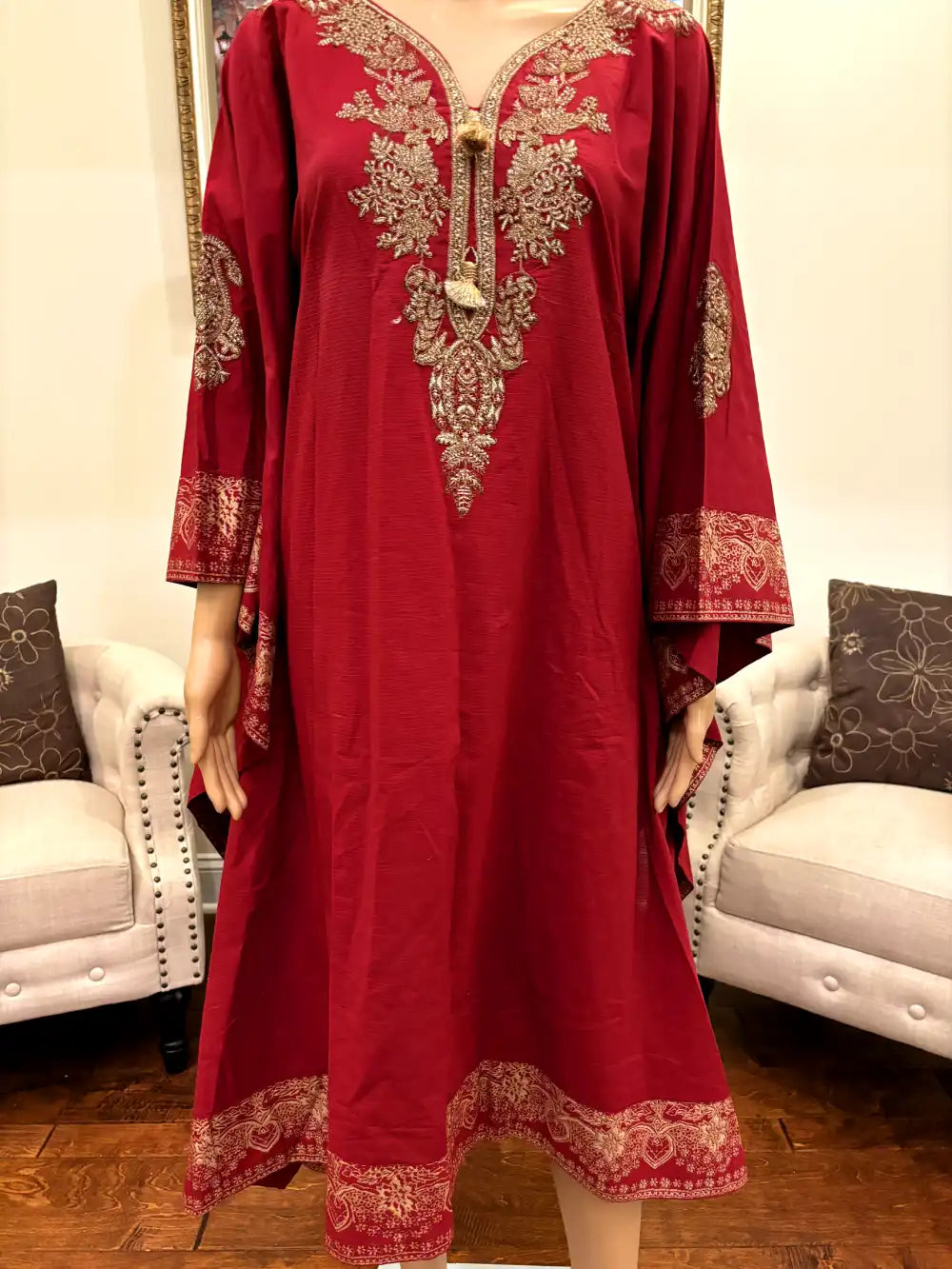 Elegant styled jacquard kaftan with pearl work