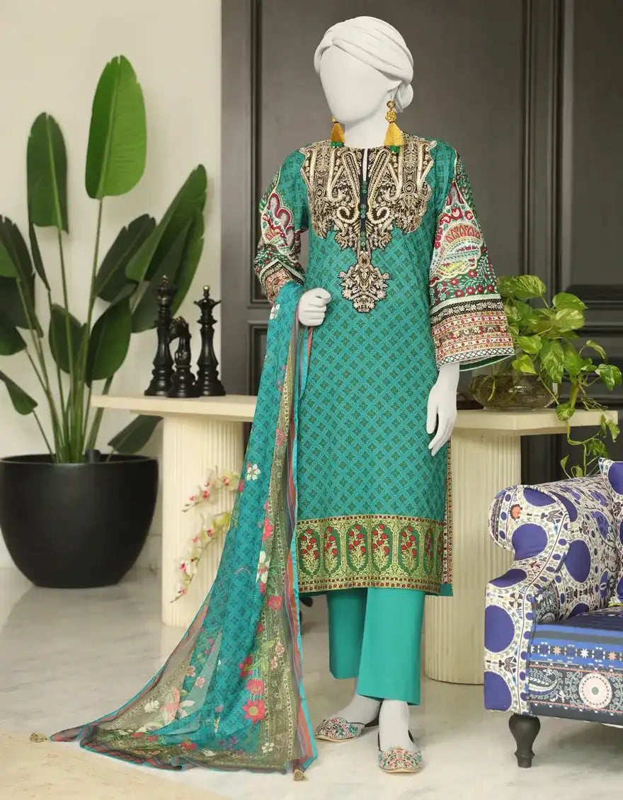 J. Embroidered Printed Lawn 3pc Suit