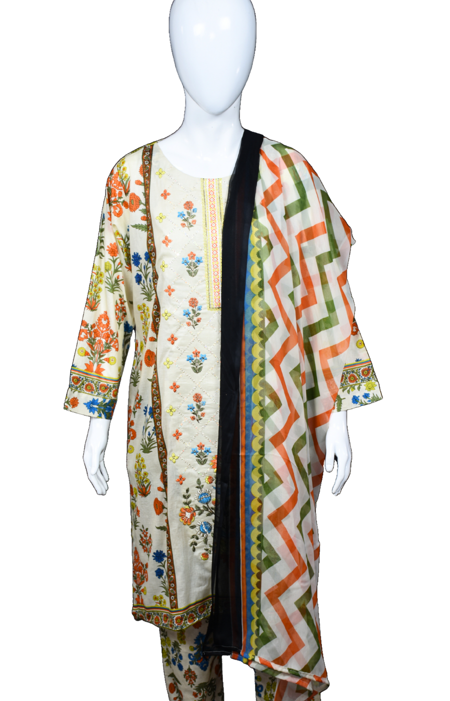 3 pc Embroidered lawn dress with Chiffon Dupatta