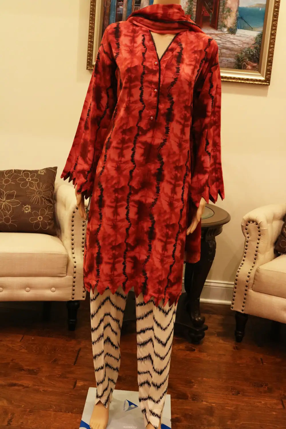 3PC Printed Linen Dull Coral Shirt with Trouser and Dupatta