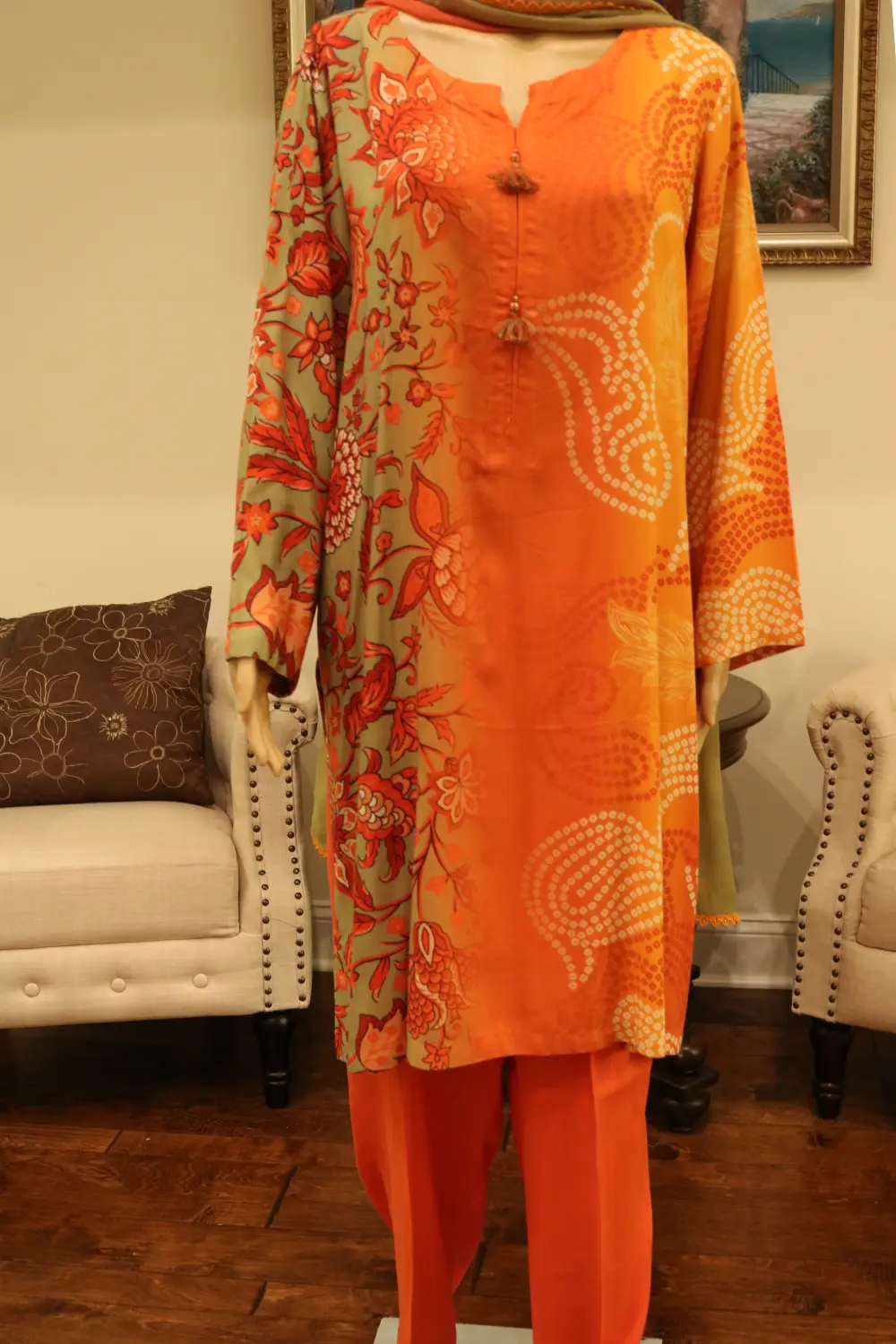 Linen Printed Style Shirt with Trouser and Chiffon Dupatta