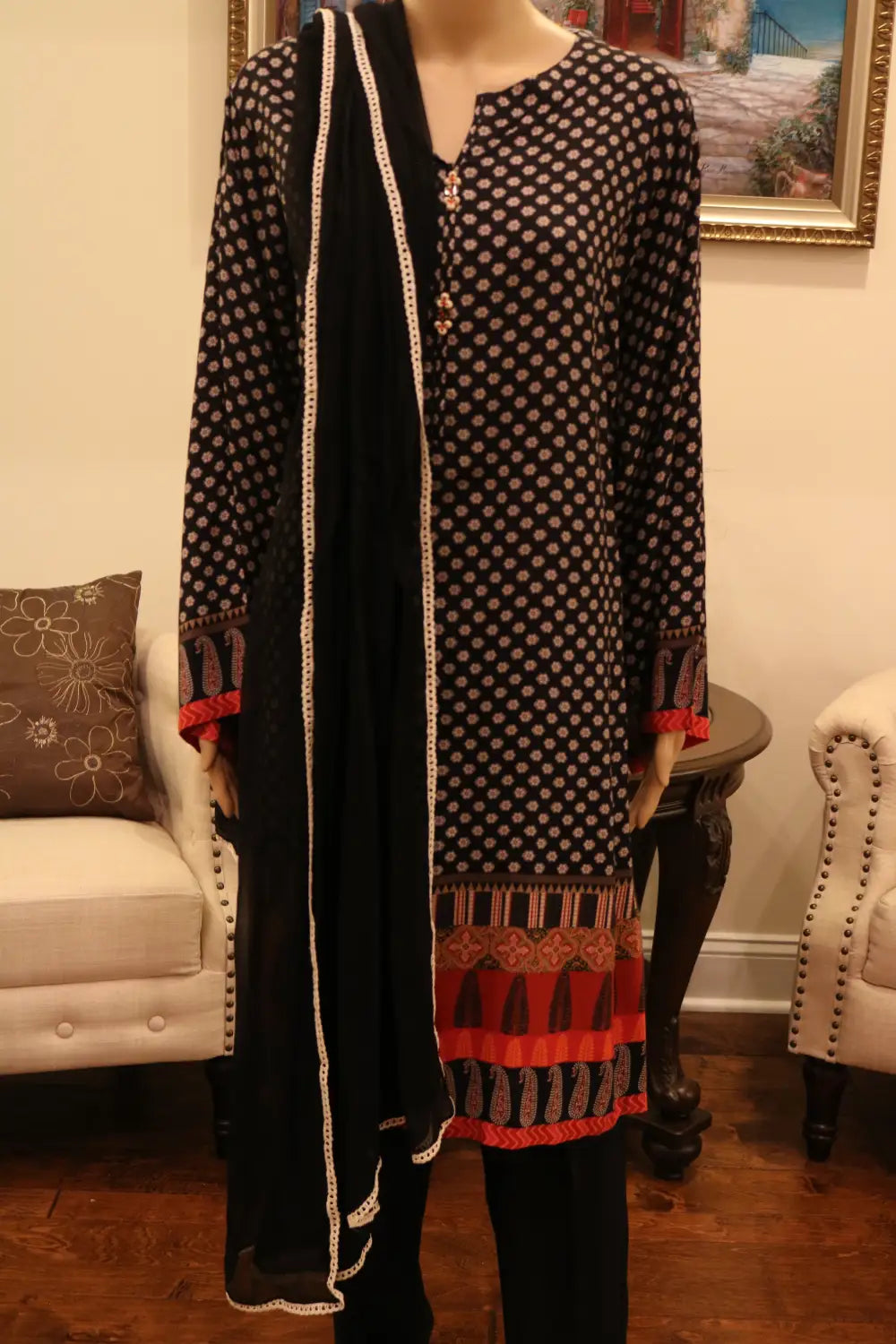 Linen Printed Style Shirt with Trouser and Chiffon Dupatta