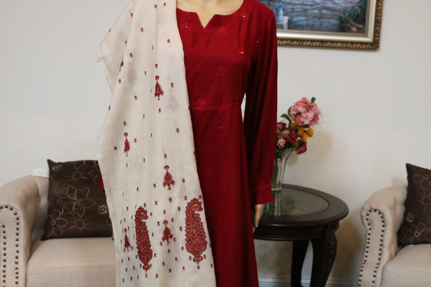 3 Pcs Maroon Elegance Ensemble With Wool Shawl