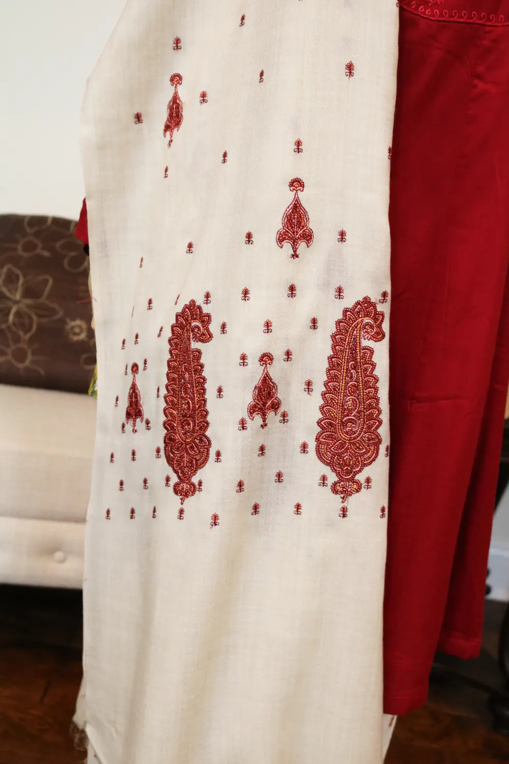 3 Pcs Maroon Elegance Ensemble With Wool Shawl