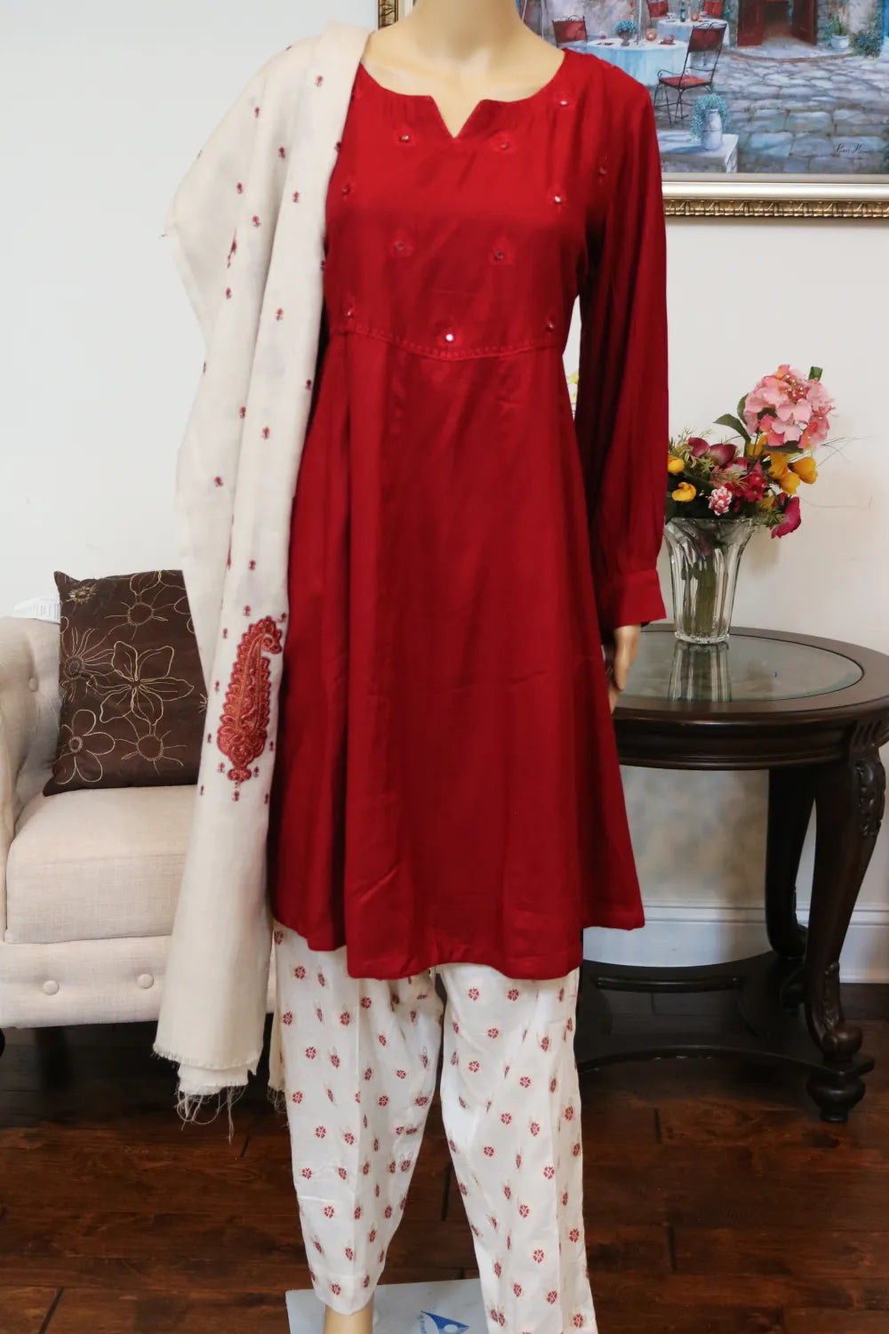 3 Pcs Maroon Elegance Ensemble With Wool Shawl