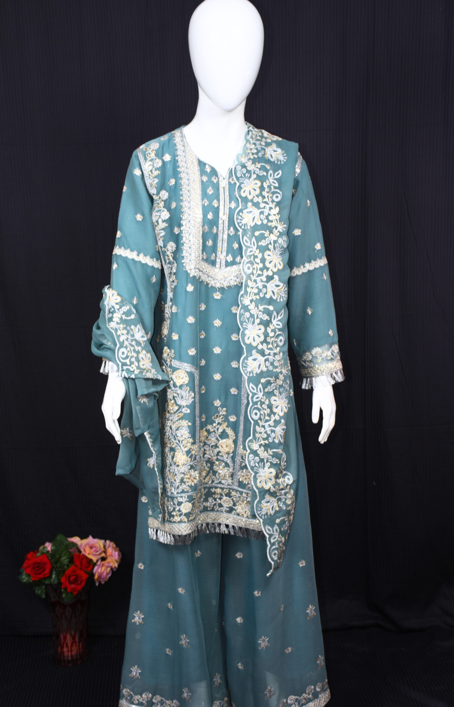 3 pcs Sharara with Embroidery and Sitara Work