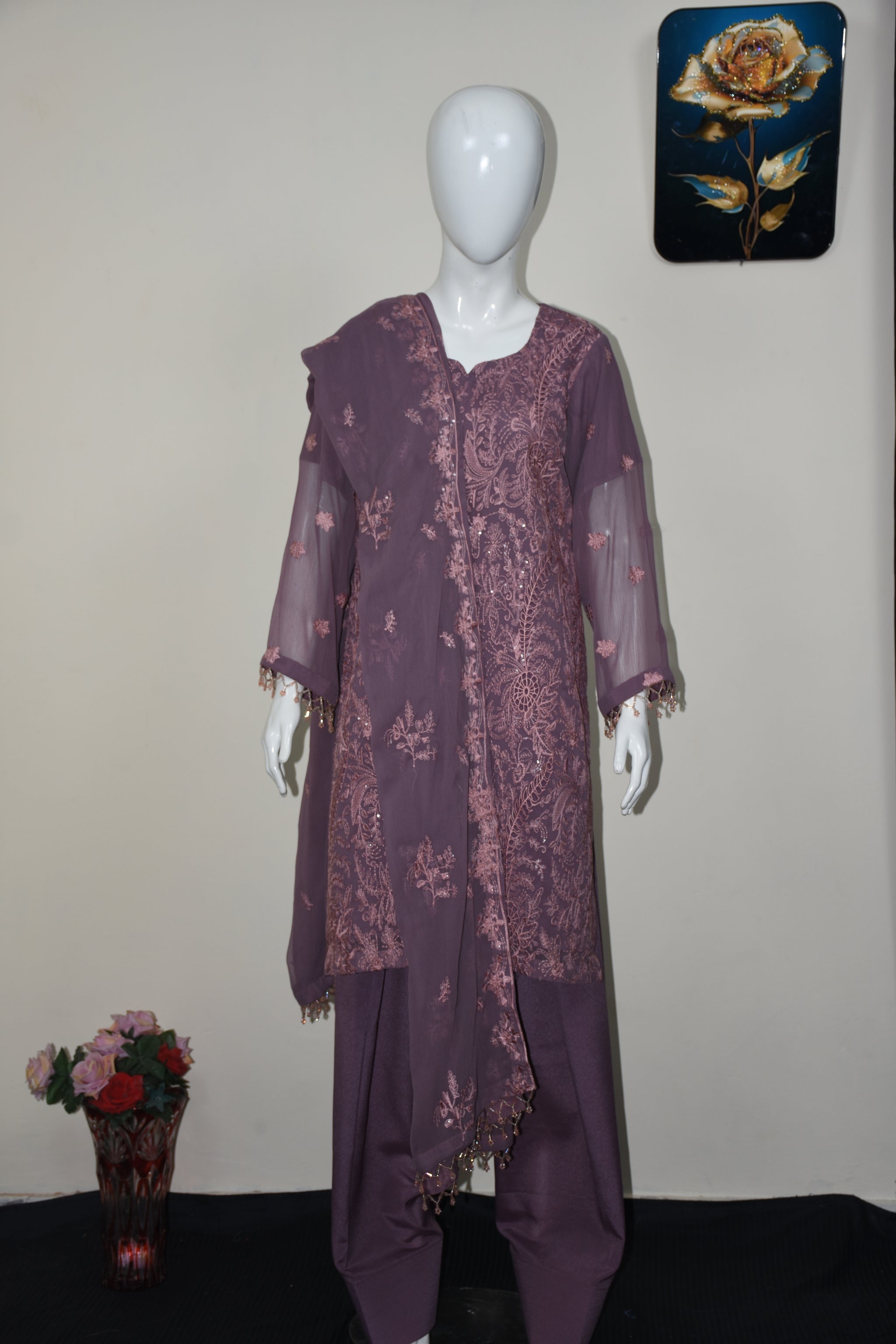 3 pcs chiffon with tilla and cut work