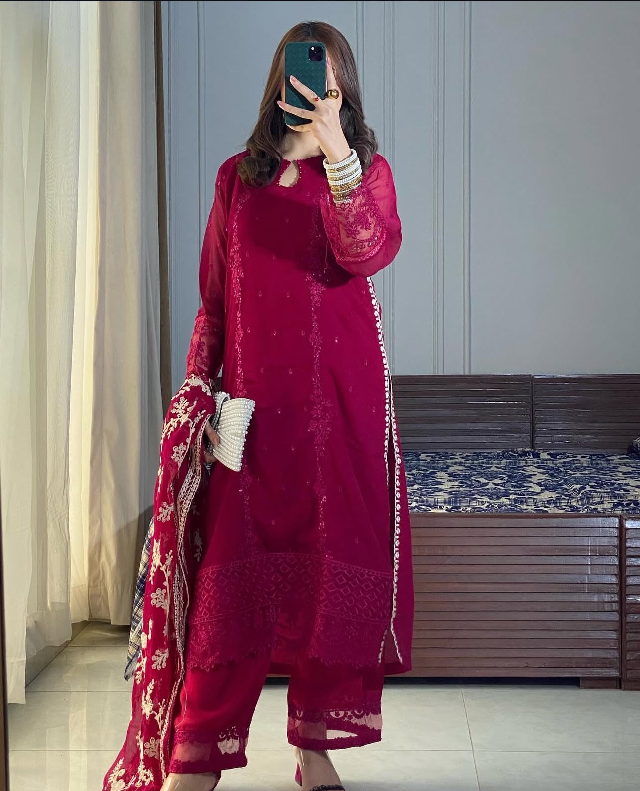 3 pc crinkle chiffon embroidery dress