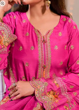 Women's 3 Piece Printed Raw Silk Embroidered Gharara Suit – Fuchsia Pink
