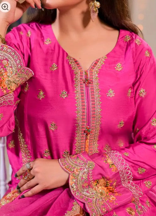 Women's 3 Piece Printed Raw Silk Embroidered Gharara Suit – Fuchsia Pink