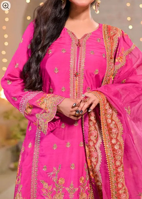 Women's 3 Piece Printed Raw Silk Embroidered Gharara Suit – Fuchsia Pink