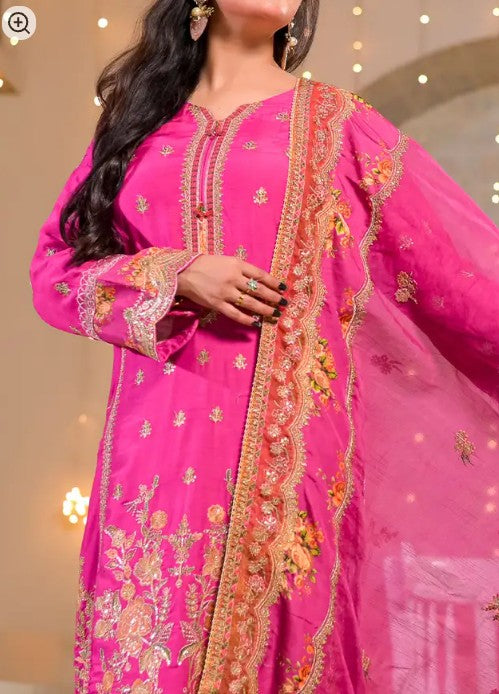 Women's 3 Piece Printed Raw Silk Embroidered Gharara Suit – Fuchsia Pink