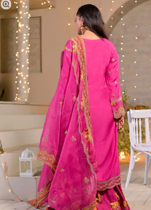 Women's 3 Piece Printed Raw Silk Embroidered Gharara Suit – Fuchsia Pink