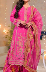 Women's 3 Piece Printed Raw Silk Embroidered Gharara Suit – Fuchsia Pink