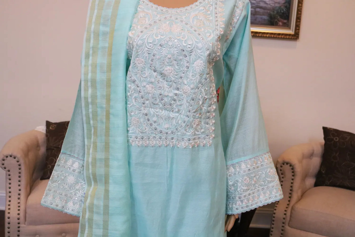 3 pc Embroidery Dress Shirt, Dupatta and Trouser in Chiffon