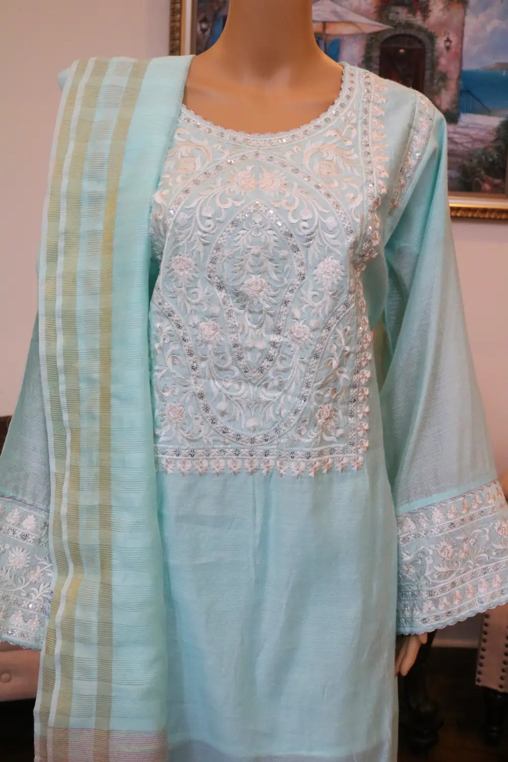 3 pc Embroidery Dress Shirt, Dupatta and Trouser in Chiffon