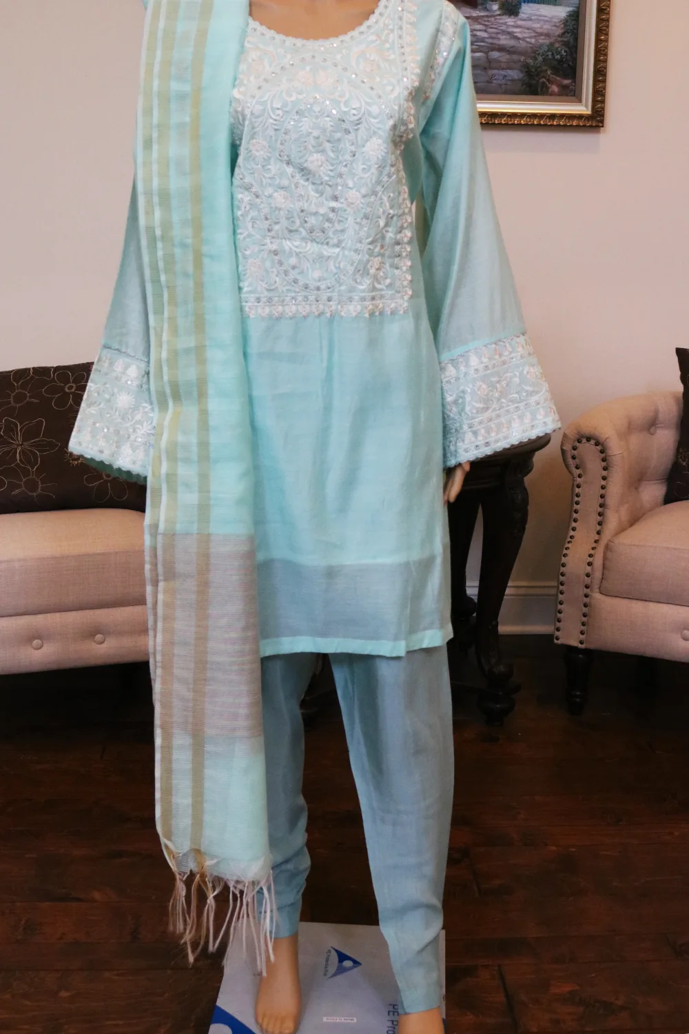 3 pc Embroidery Dress Shirt, Dupatta and Trouser in Chiffon