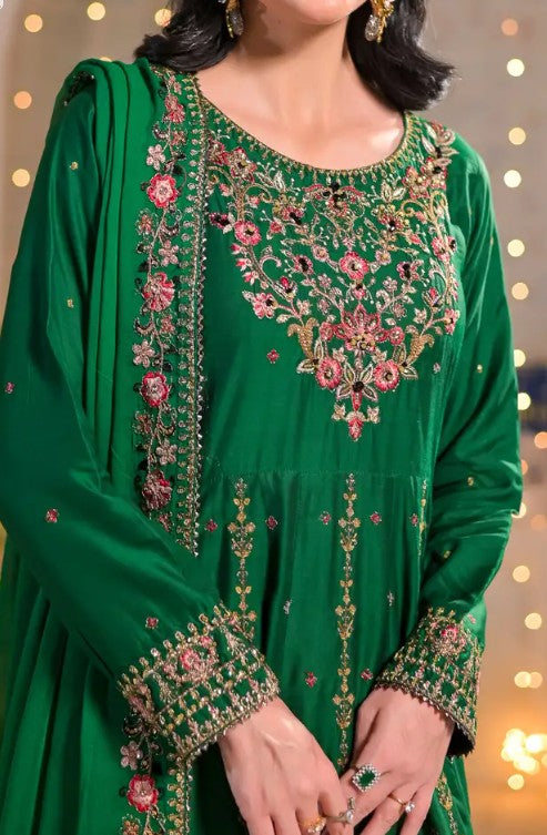Women's 3 Piece Luxury Raw Silk Long Frock – Indian Green