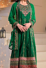Women's 3 Piece Luxury Raw Silk Long Frock – Indian Green