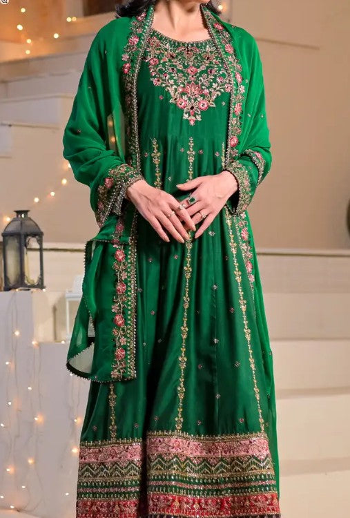Women's 3 Piece Luxury Raw Silk Long Frock – Indian Green